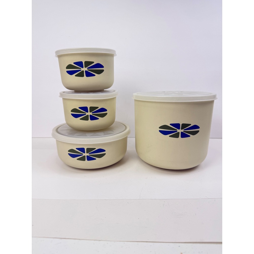 Vintage Accalac Plastic Canister Bowl Set 4pc Retro Blue Grey Graphic Cream
